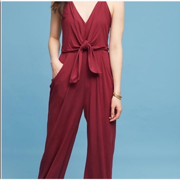 Anthropologie Willa WILLA Tie Waist Burgundy Red Draped Jumpsuit Large - Picture 4 of 15